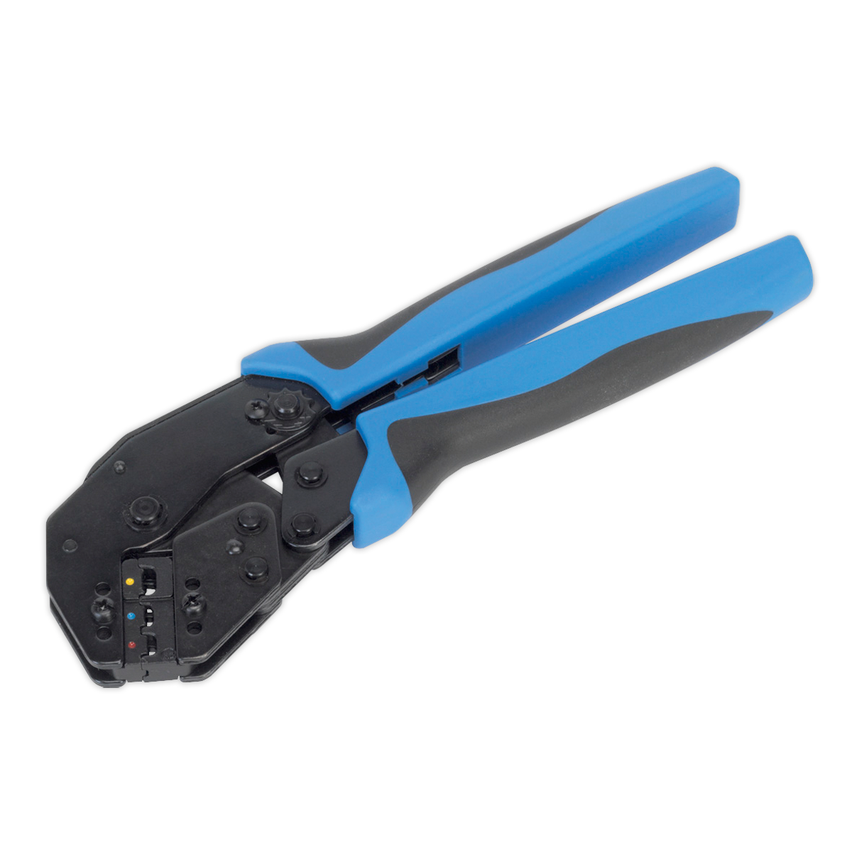 The Sealey Ratchet Crimping Tool Angled Head Insulated Terminals - AK3863 features a blue and black all-steel construction and ergonomic comfort grip handles, designed for crimping and connecting wires.