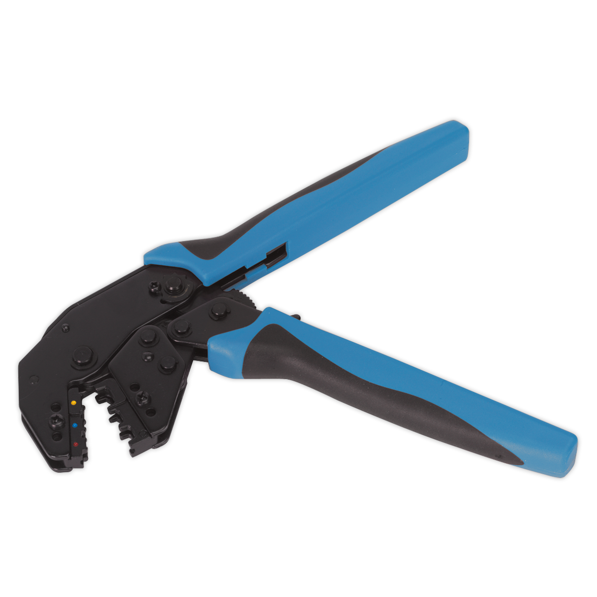 The Sealey Ratchet Crimping Tool Angled Head Insulated Terminals - AK3863 features blue and black color, all-steel construction, and comfort grip handles, making it ideal for electronics and electrical work.