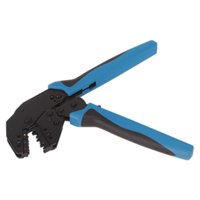 The Sealey Ratchet Crimping Tool Angled Head Insulated Terminals - AK3863 features blue and black color, all-steel construction, and comfort grip handles, making it ideal for electronics and electrical work.
