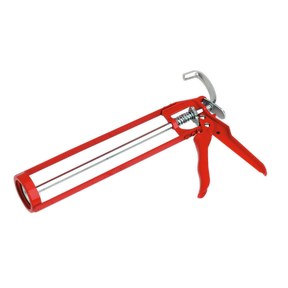 Image of the Sealey Caulking Gun Skeleton Type Manual 220mm - AK39 in red, featuring a metallic barrel and trigger mechanism, suitable for 310ml cartridges.