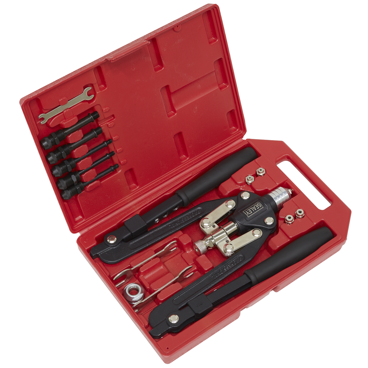 The Sealey Rivet & Threaded Nut Rivet Kit - AK39602 includes a red tool case containing a rivet gun, blind rivets, threaded rivets, and various accessories such as rivet heads, a small wrench, and additional components.