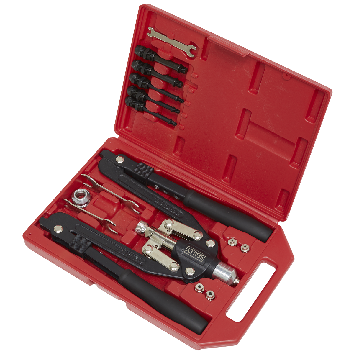 The Sealey Rivet & Threaded Nut Rivet Kit - AK39602 is a red plastic toolbox that includes a rivet gun set with various sized nozzles, a wrench, and other neatly arranged components. It features both a drop-forged frame and threaded rivets for durable and versatile performance.