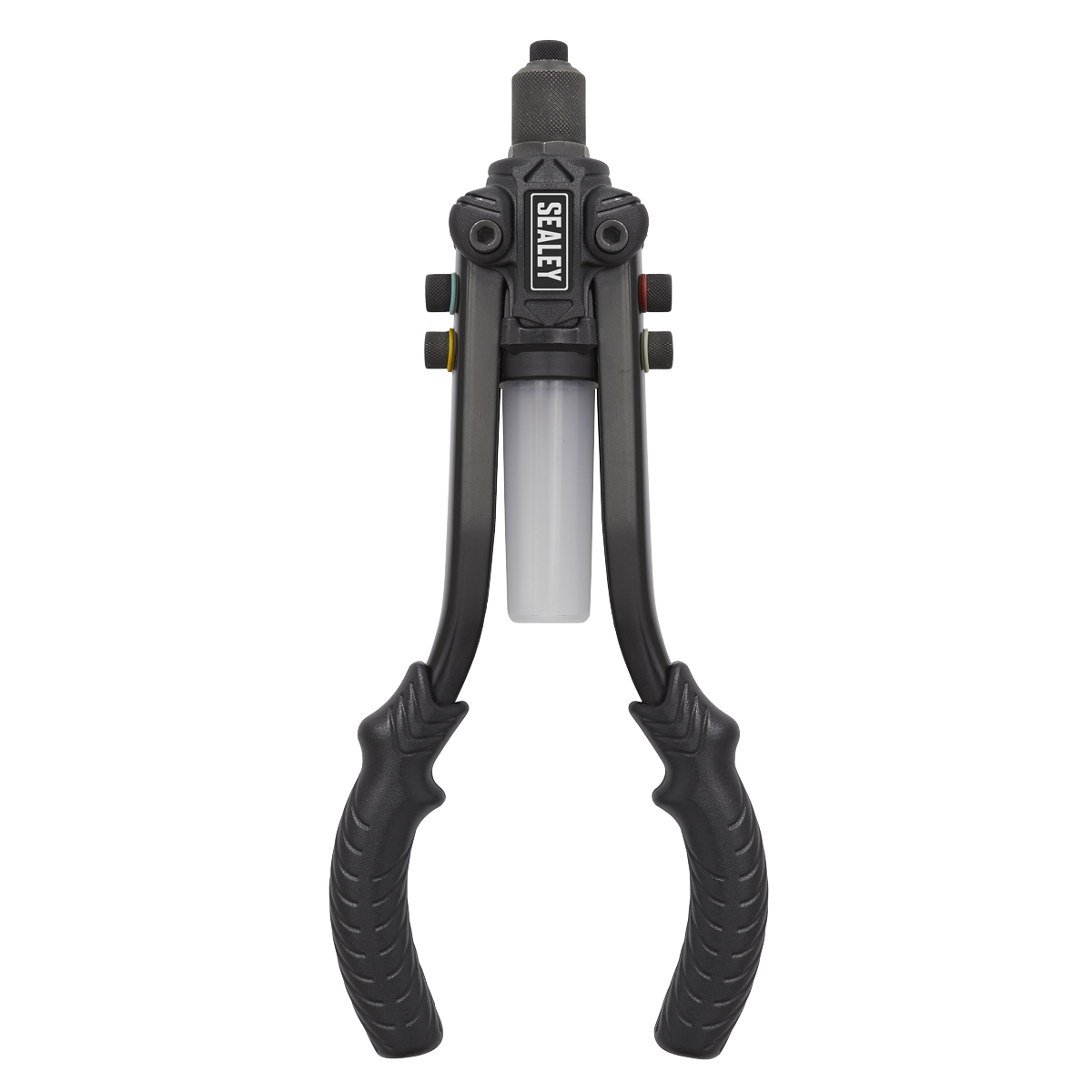 The Sealey Compact Riveter with Collection Bowl Heavy-Duty - AK3982, featuring black handles and a white central component, is viewed from the front against a white background. This industrial-grade tool includes interchangeable nozzles for versatile use.