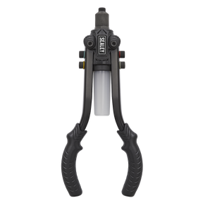 The Sealey Compact Riveter with Collection Bowl Heavy-Duty - AK3982, featuring black handles and a white central component, is viewed from the front against a white background. This industrial-grade tool includes interchangeable nozzles for versatile use.