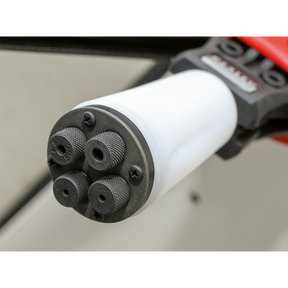 Close-up of the nozzle end of a riveter medium-arm with multiple ports, featuring textured grip sections and steel handles. Product Name: Riveter Medium-Arm with Collection Bowl - AK3983. Brand Name: Sealey.