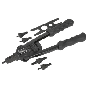 The Threaded Nut Riveter Short-Arm - AK3984 by Sealey includes a black hand tool, multiple mandrels, and a wrench, and is compatible with both stainless steel and aluminum rivet nuts.