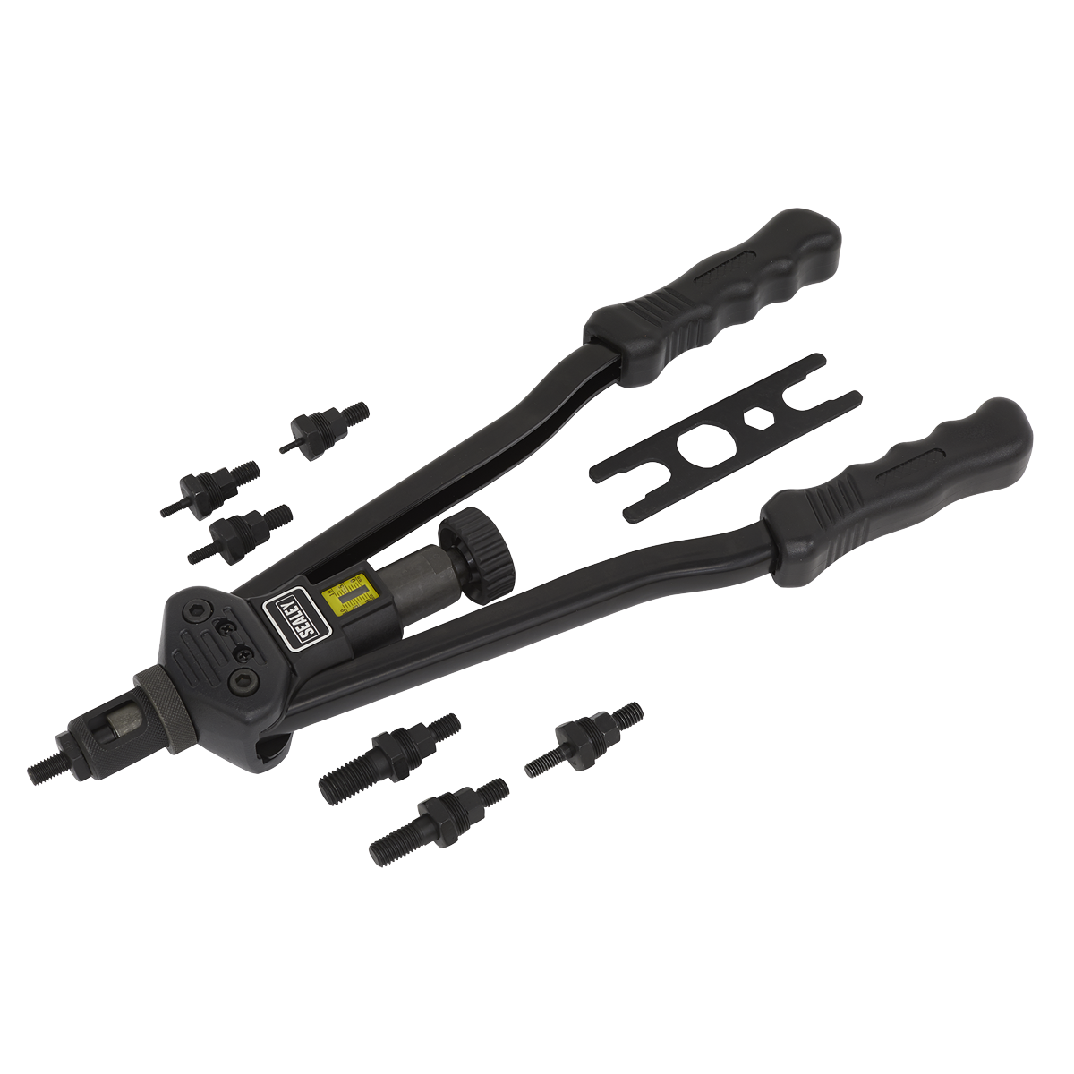 The Long-Arm Threaded Nut Riveter - AK3985 by Sealey, displayed on a white background, features the hand tool with long arms, multiple interchangeable mandrels, an adjustable stroke scale, and a wrench.