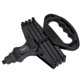 The Sealey Lazy Tongs Riveter - AK399 is a heavy-duty rivet gun designed with an expanding arm mechanism and an ergonomic handle, making it ideal for repetitive riveting tasks. This tool features a durable aluminium head and comes supplied with five nozzles for versatile use.