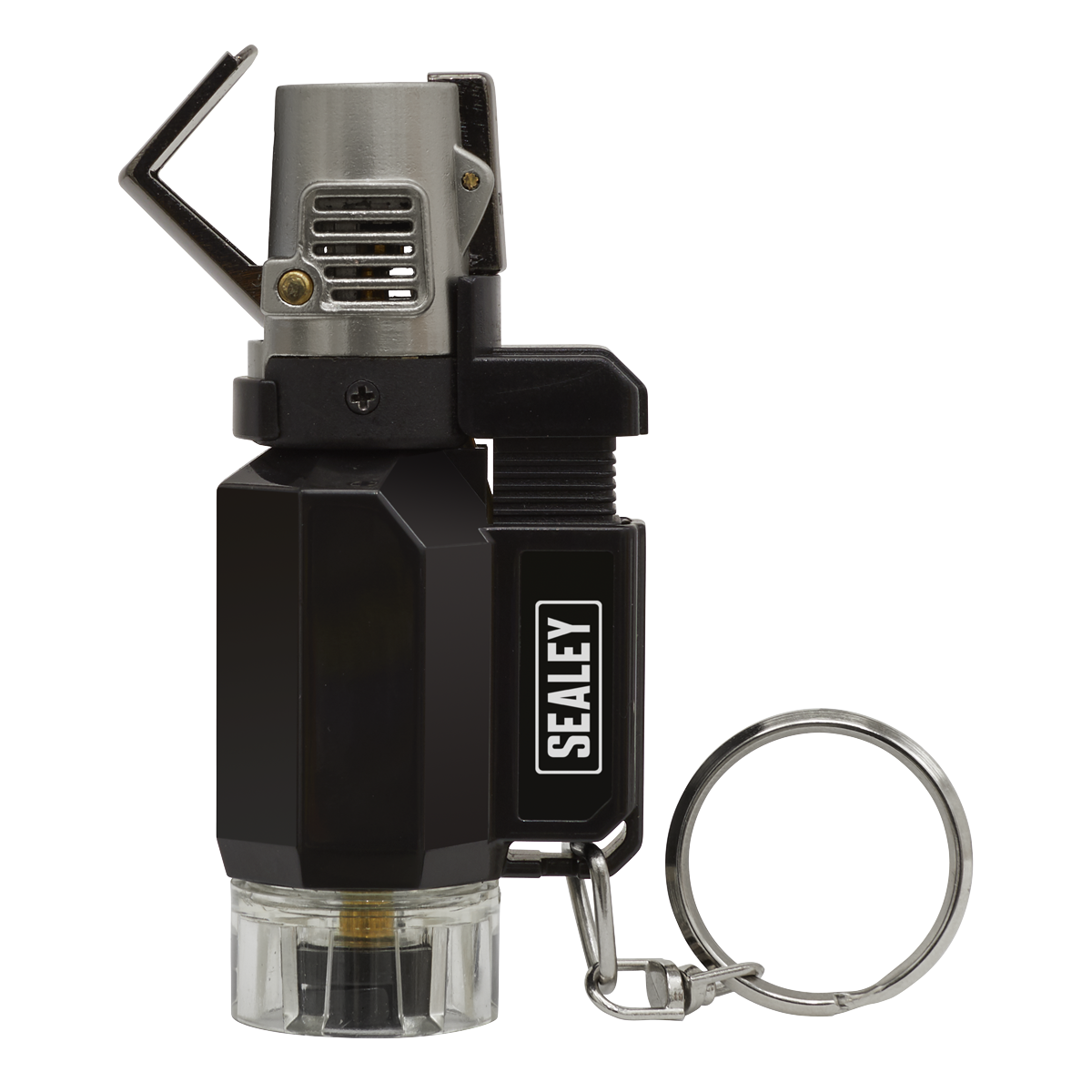 Introducing the Heating Torch Butane Micro – AK4041 by Sealey, a compact butane-powered metal torch lighter with a keychain attachment. It features a piezoelectric ignition lever and a clear base that reveals the fuel chamber, making it an ideal addition to your hand tools collection.