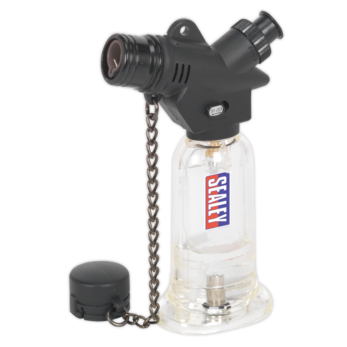 The Sealey Butane Micro Heating Torch - AK4042 features a black top and clear body, proudly displaying the Sealey logo. This torch is equipped with piezoelectric ignition and adjustable flame control for enhanced precision. Additionally, it includes a chain attached to a black cap, making it perfect for professional hand tool users.