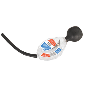A Sealey Battery Fluid Tester Dial Type 6/12/24V (AK410) with an attached inflation bulb and a clear dial displaying systolic and diastolic ranges, all conveniently powered by 12V batteries.