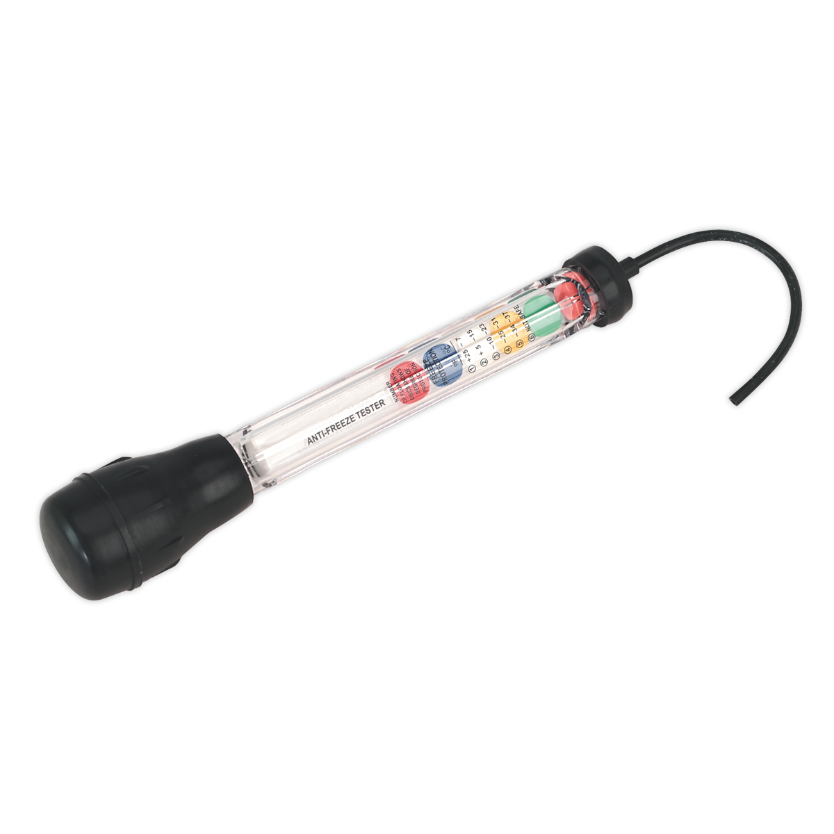 The Sealey Ethylene Glycol Antifreeze Tester Disc Type - AK4120 is a clear cylindrical device with a black bulb on one end and a black loop handle on the other. It features floating discs in various colors to indicate the freeze protection level of your coolant antifreeze.