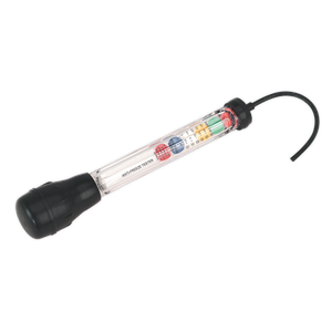 The Sealey Ethylene Glycol Antifreeze Tester Disc Type - AK4120 is a clear cylindrical device with a black bulb on one end and a black loop handle on the other. It features floating discs in various colors to indicate the freeze protection level of your coolant antifreeze.