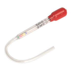 The Sealey Ethylene Glycol Antifreeze Pocket Tester Ball Type - AK4123, featuring a red bulb, a clear tube with colored beads inside, and a curved bottom tube, efficiently assesses the freeze protection level.