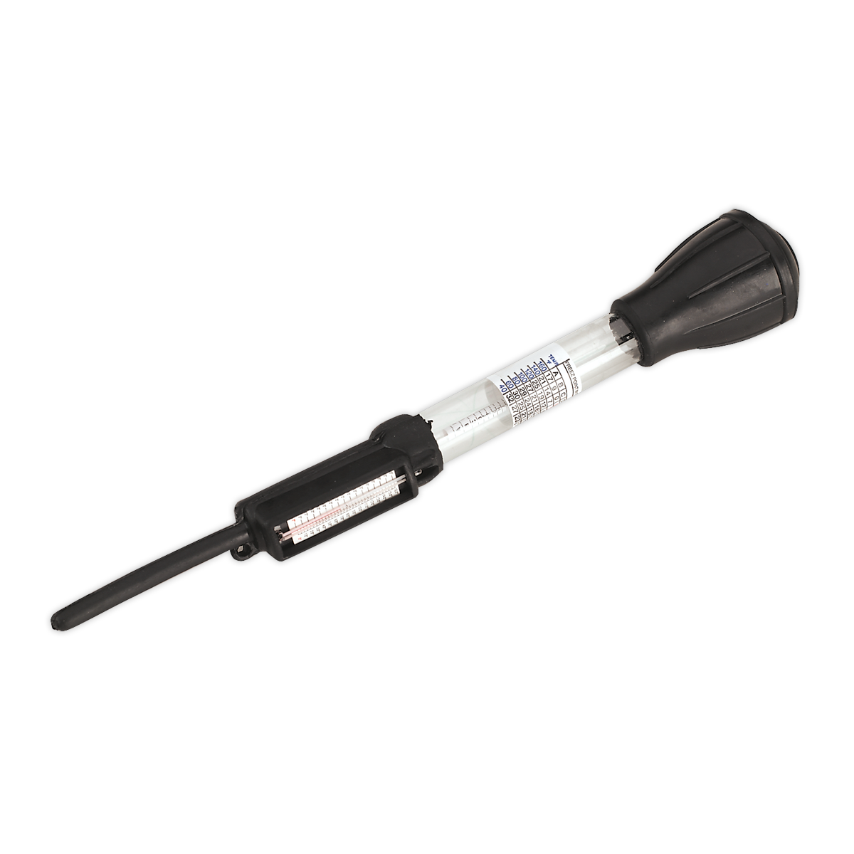 The Sealey Ethylene Glycol Antifreeze Tester Tube Type - AK413 is a black and clear plastic automotive battery hydrometer equipped with a scale indicator, a nozzle for drawing battery fluid, and an integrated thermometer to check ethylene glycol strength.