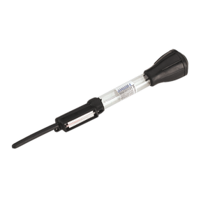 The Sealey Ethylene Glycol Antifreeze Tester Tube Type - AK413 is a black and clear plastic automotive battery hydrometer equipped with a scale indicator, a nozzle for drawing battery fluid, and an integrated thermometer to check ethylene glycol strength.