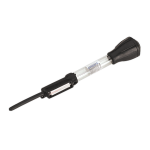 The Sealey Ethylene Glycol Antifreeze Tester Tube Type - AK413 is a black and clear plastic automotive battery hydrometer equipped with a scale indicator, a nozzle for drawing battery fluid, and an integrated thermometer to check ethylene glycol strength.