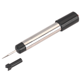 The Cordless Circuit Tester Buzzer/LED 3-28V - AK415 by Sealey lies beside it, featuring a metal and black plastic design with a small detachable cap and a computer-safe feature.