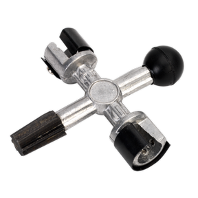 The Battery Post & Terminal Cleaner 4-Way - AK418 by Sealey features a metal disk format lock key with four differently shaped keys attached perpendicular to each other, making it ideal for use on battery posts.