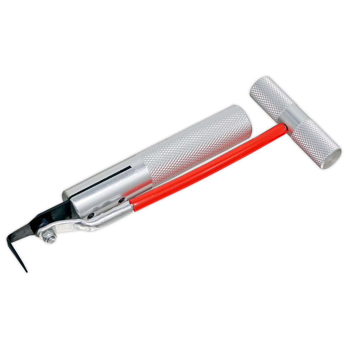 Introducing the Sealey Bonded Windscreen Removal Tool - AK420, a high-quality tool featuring an aluminium handle and a red hose, completed with a black nozzle.