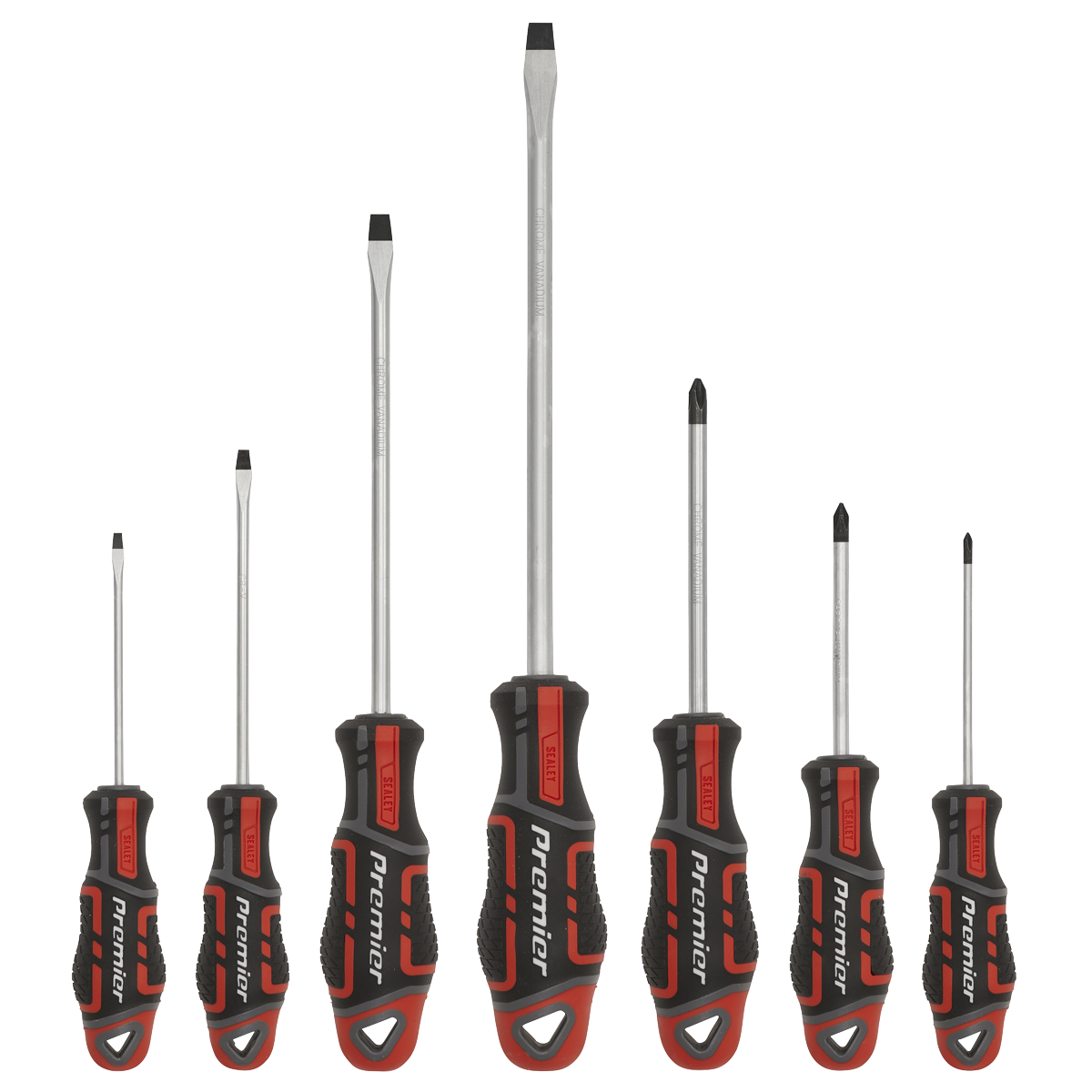 The Sealey Screwdriver Set 7pc GripMAX® - Red - AK4321 features seven screwdrivers with black and red ergonomic handles in various sizes and types, including both flathead and Phillips heads. Crafted from durable Chrome Vanadium steel, this premier hand tool set guarantees quality and comfort for all your projects.