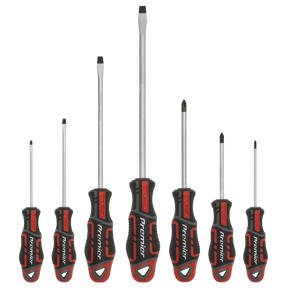 The Sealey Screwdriver Set 7pc GripMAX® - Red - AK4321 features seven screwdrivers with black and red ergonomic handles in various sizes and types, including both flathead and Phillips heads. Crafted from durable Chrome Vanadium steel, this premier hand tool set guarantees quality and comfort for all your projects.