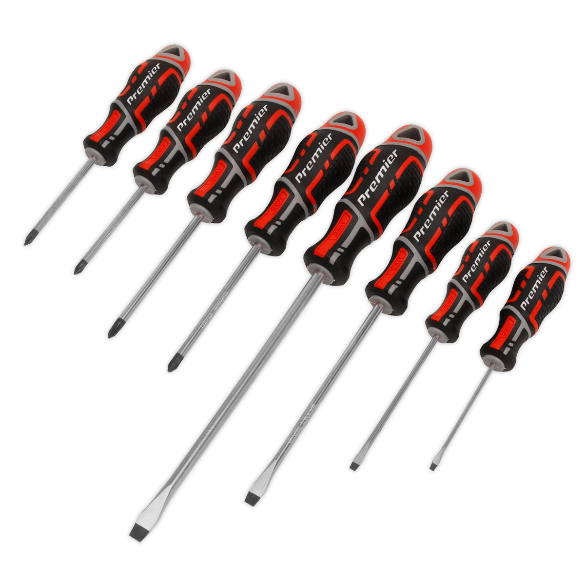 The Sealey Screwdriver Set 8pc GripMAX® - Red (AK4322) features ergonomic black and red handles, each marked with "Premier Hand Tools" for added durability. The screwdrivers are crafted from Chrome Vanadium and provided in varying sizes for versatility.