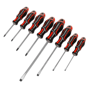 The Sealey Screwdriver Set 8pc GripMAX® - Red (AK4322) features ergonomic black and red handles, each marked with "Premier Hand Tools" for added durability. The screwdrivers are crafted from Chrome Vanadium and provided in varying sizes for versatility.