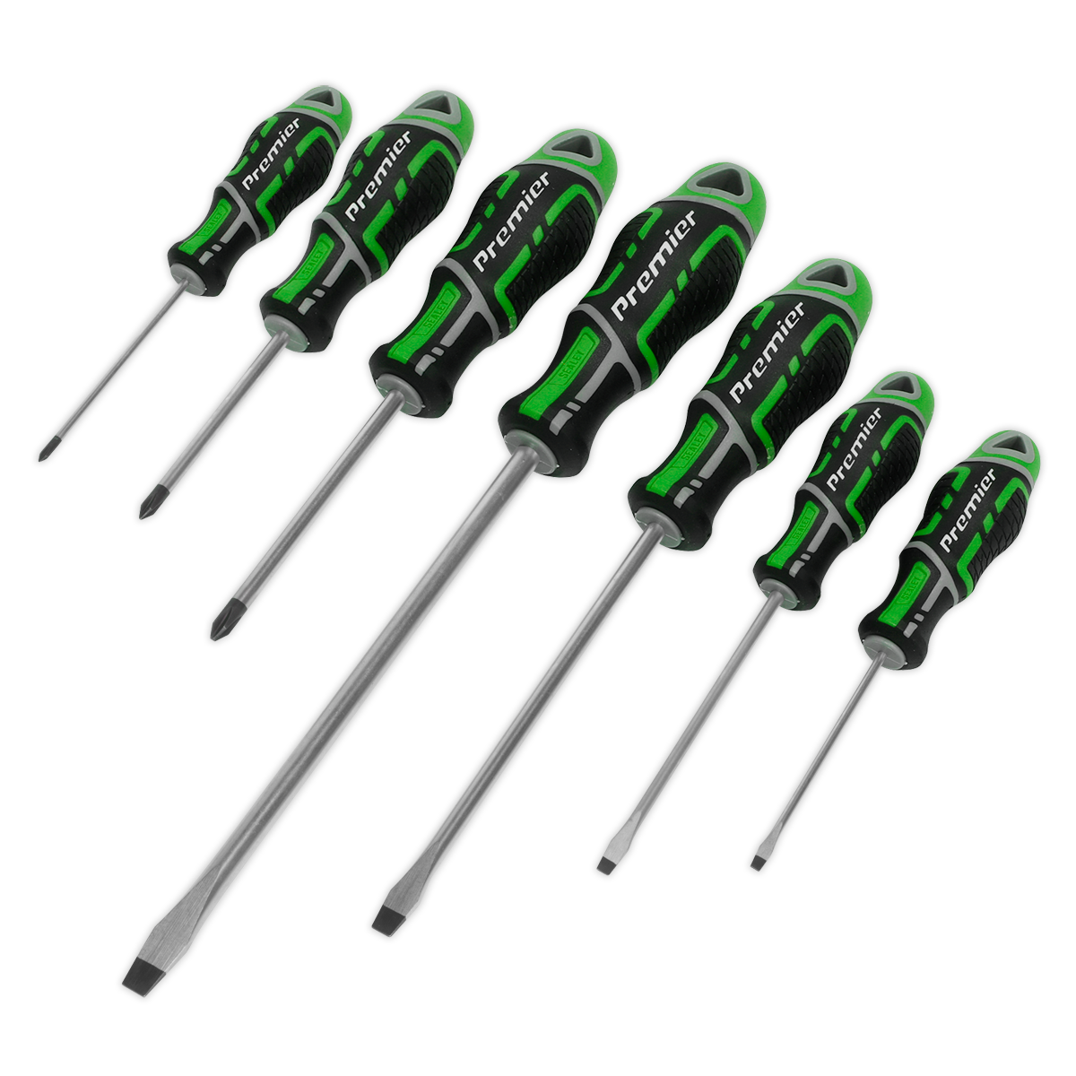 A set of seven Sealey Screwdrivers, the GripMAX® Hi-Vis Green AK4325HV, crafted from Chrome Vanadium steel and featuring ergonomic handles, are arranged in a row.