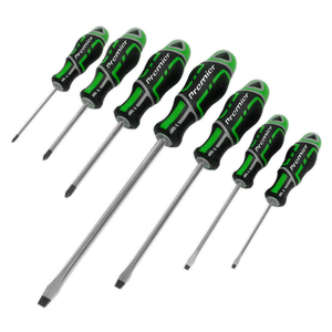 A set of seven Sealey Screwdrivers, the GripMAX® Hi-Vis Green AK4325HV, crafted from Chrome Vanadium steel and featuring ergonomic handles, are arranged in a row.