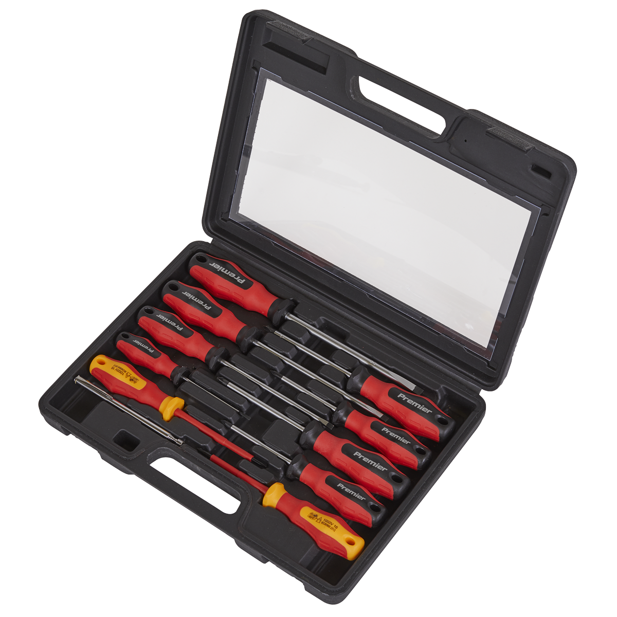 The Sealey Screwdriver Set 11pc PowerMAX® - AK4332 features eleven screwdrivers designed with red and black ergonomic handles, crafted from durable S2 steel, and neatly arranged in a sleek black plastic carrying case with a transparent lid. Trust in Sealey's commitment to quality and durability.