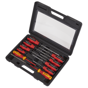 The Sealey Screwdriver Set 11pc PowerMAX® - AK4332 features eleven screwdrivers designed with red and black ergonomic handles, crafted from durable S2 steel, and neatly arranged in a sleek black plastic carrying case with a transparent lid. Trust in Sealey's commitment to quality and durability.