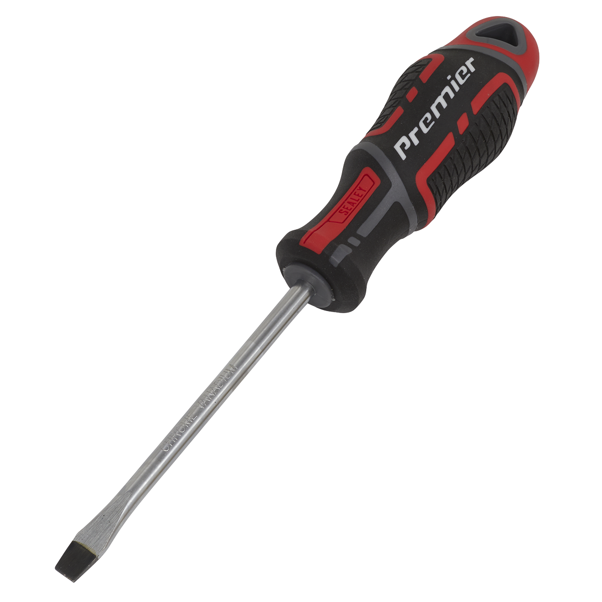 A red and black Sealey GripMAX® Slotted Screwdriver 6 x 100mm (AK4354) with a textured, ergonomic handle and the word "Premier" printed on it.