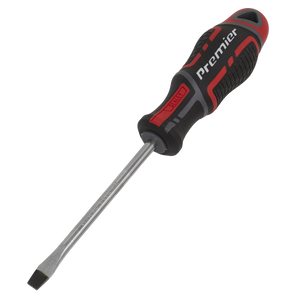 A red and black Sealey GripMAX® Slotted Screwdriver 6 x 100mm (AK4354) with a textured, ergonomic handle and the word "Premier" printed on it.