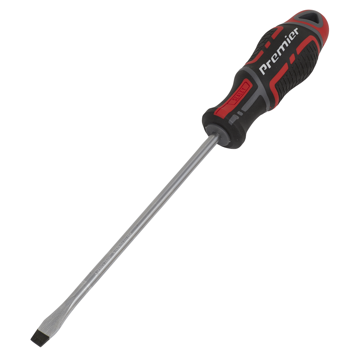 A slotted screwdriver size 6 x 150mm with a black and red soft grip handle labeled "GripMAX®" and a silver Chrome Vanadium metal shaft, known as the Sealey AK4355.