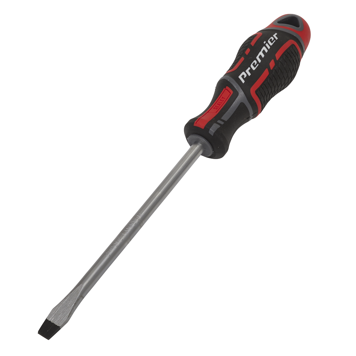 A Slotted Screwdriver 8 x 150mm GripMAX® (AK4356) by Sealey, featuring a soft grip handle in black and red and made of durable Chrome Vanadium.