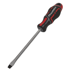 A Slotted Screwdriver 8 x 150mm GripMAX® (AK4356) by Sealey, featuring a soft grip handle in black and red and made of durable Chrome Vanadium.