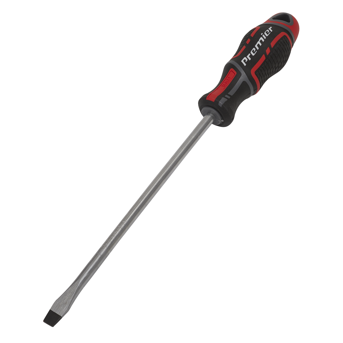 A flathead screwdriver, branded as "Sealey," featuring the "GripMAX®" label with a black and red ergonomic handle. The metallic shaft, made of durable Chrome Vanadium, measures 8 x 200mm and has a flat, narrow tip.