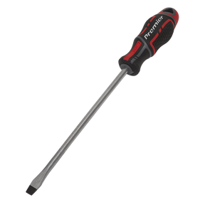 A flathead screwdriver, branded as "Sealey," featuring the "GripMAX®" label with a black and red ergonomic handle. The metallic shaft, made of durable Chrome Vanadium, measures 8 x 200mm and has a flat, narrow tip.