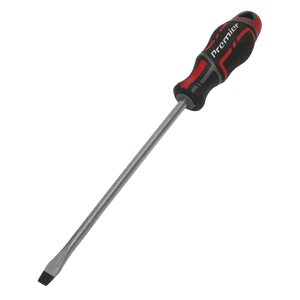 A flathead screwdriver, branded as "Sealey," featuring the "GripMAX®" label with a black and red ergonomic handle. The metallic shaft, made of durable Chrome Vanadium, measures 8 x 200mm and has a flat, narrow tip.