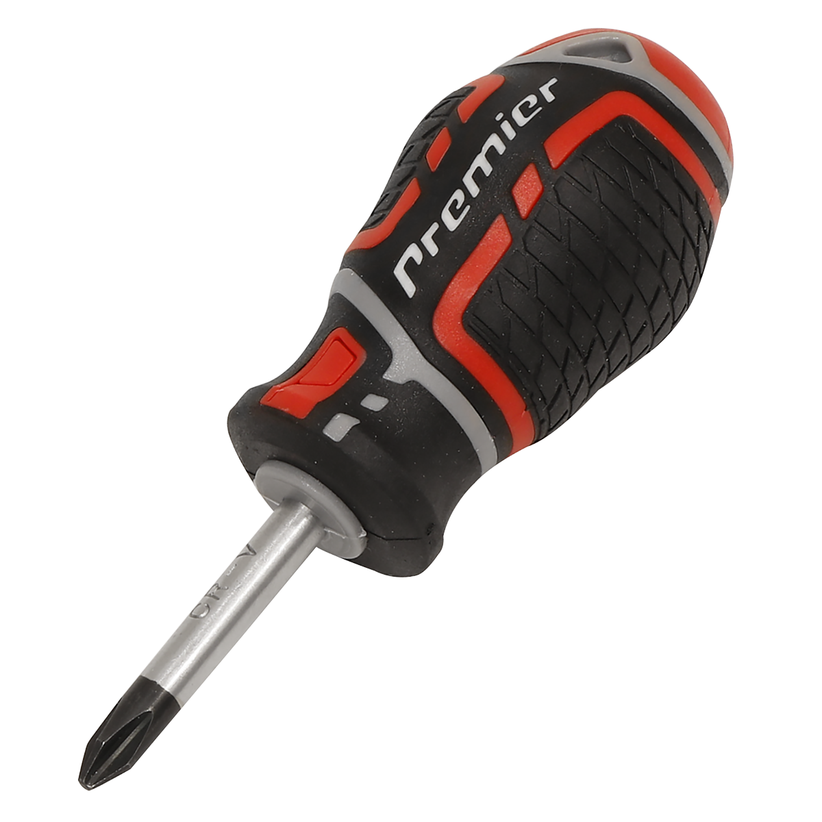 A Pozi #2 x 38mm GripMAX® screwdriver from Sealey, product code AK4363, features a black, red, and gray ergonomic handle and is crafted using high-quality Chrome Vanadium for durable construction.