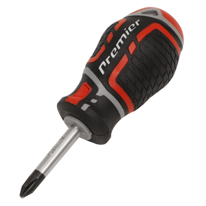 A Pozi #2 x 38mm GripMAX® screwdriver from Sealey, product code AK4363, features a black, red, and gray ergonomic handle and is crafted using high-quality Chrome Vanadium for durable construction.