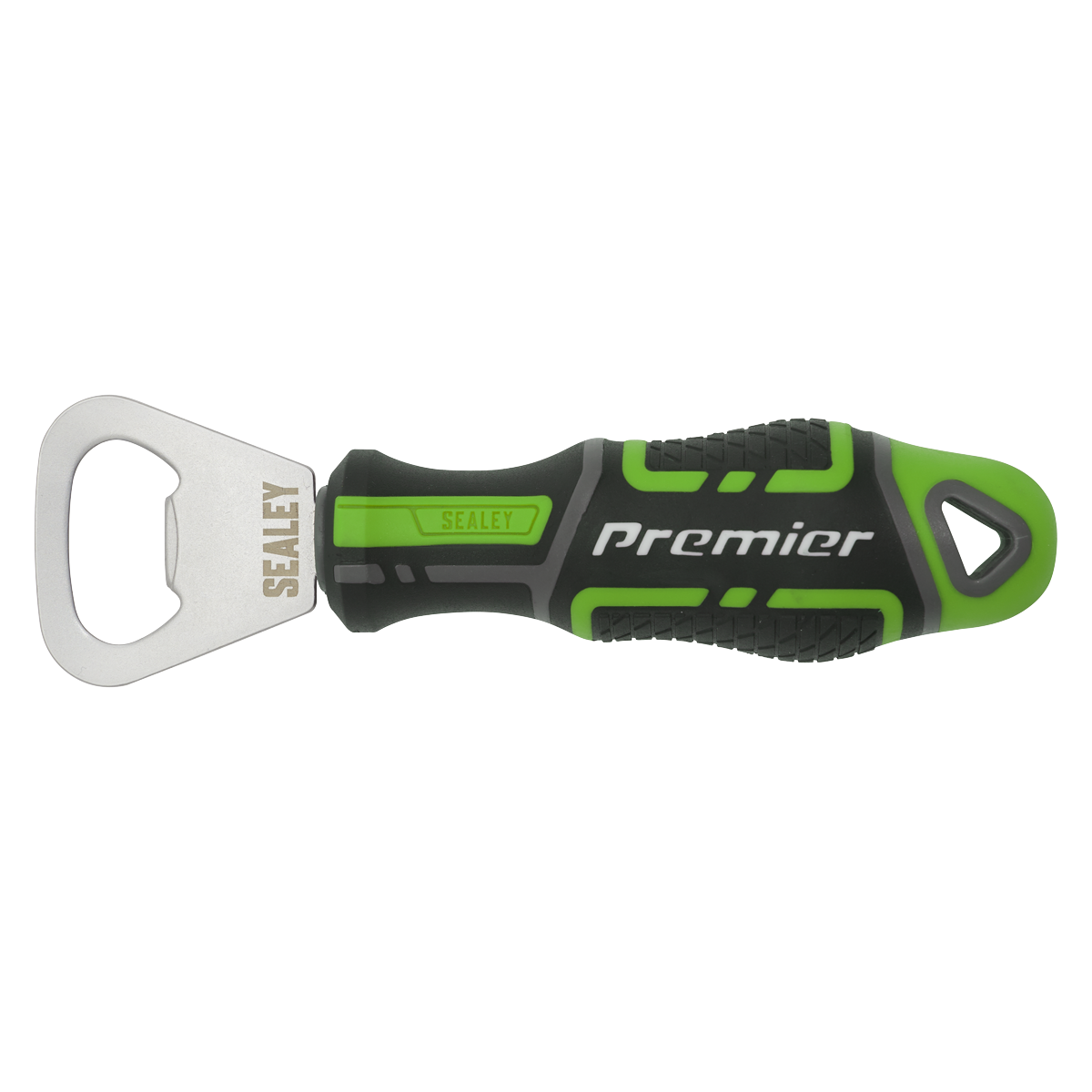 A Sealey Bottle Opener GripMAX® - Hi-Vis Green (AK4368HV) with a soft grip ergonomic handle is displayed on a white background.