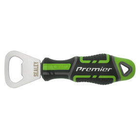 A Sealey Bottle Opener GripMAX® - Hi-Vis Green (AK4368HV) with a soft grip ergonomic handle is displayed on a white background.