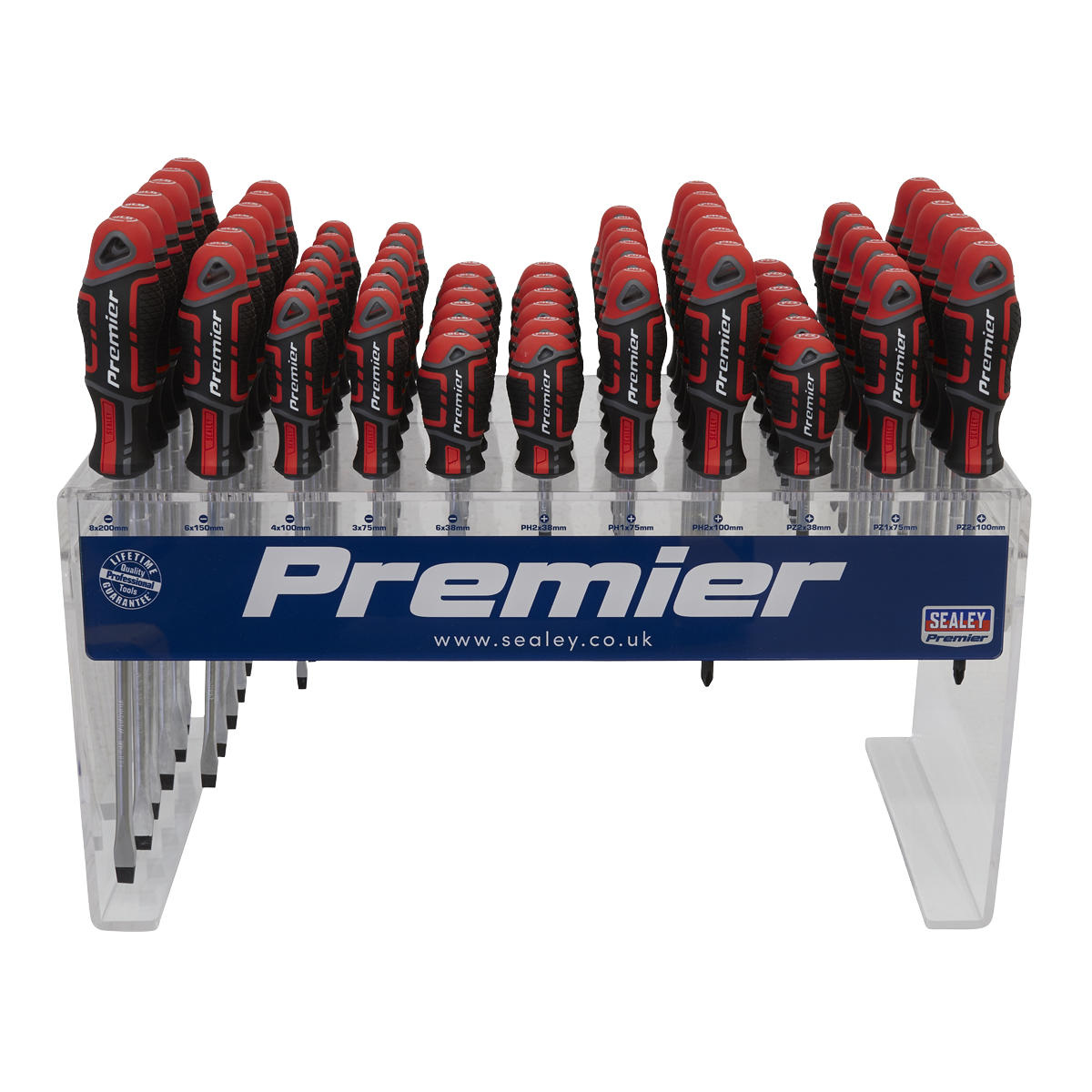 A display of multiple GripMAX® screwdrivers with ergonomic red and black soft grip handles, arranged in rows on a transparent stand labeled "Premier Hand Tools" featuring the Sealey logo and website. Made from durable Chrome Vanadium steel, these tools ensure precision and comfort for every project. This setup showcases the Individual Screwdrivers GripMAX® 66pc Countertop Display - AK4369DS by Sealey.