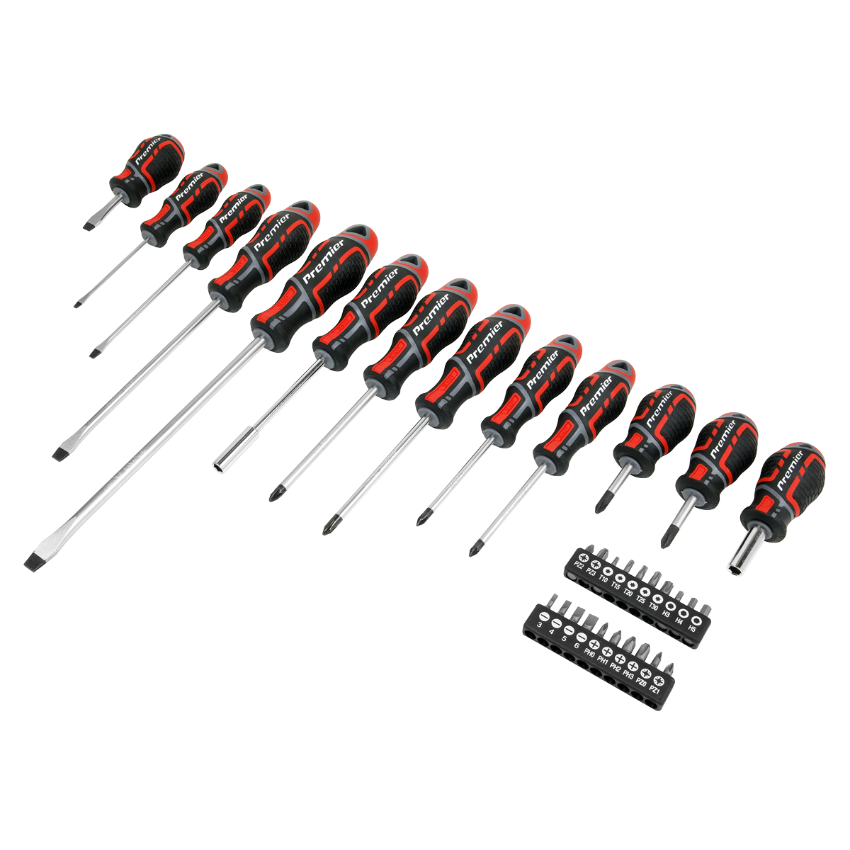 The Screwdriver & Bit Set 33pc GripMAX® - AK4370 by Sealey includes a wide assortment of sizes and types, complete with black and red ergonomic handles for comfort. Constructed from durable Chrome Vanadium steel, this Premier Hand Tools set is neatly organized to provide both versatility and ease of use for all your needs.