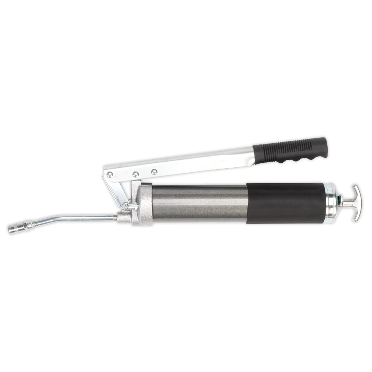 The Sealey Grease Gun Heavy-Duty Twin Piston 3-Way Fill - AK4402 is shown, featuring a black handle and lever, a stainless steel body, dual piston design, and a flexible hose with a coupler for lubrication tasks.