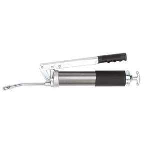The Sealey Grease Gun Heavy-Duty Twin Piston 3-Way Fill - AK4402 is shown, featuring a black handle and lever, a stainless steel body, dual piston design, and a flexible hose with a coupler for lubrication tasks.