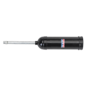 A black manual Mini Grease Gun – AK442 with a cylindrical design and a needle-like nozzle, featuring the brand name "Sealey" on the side, also includes a rigid extension tube for ease of use in limited access areas.