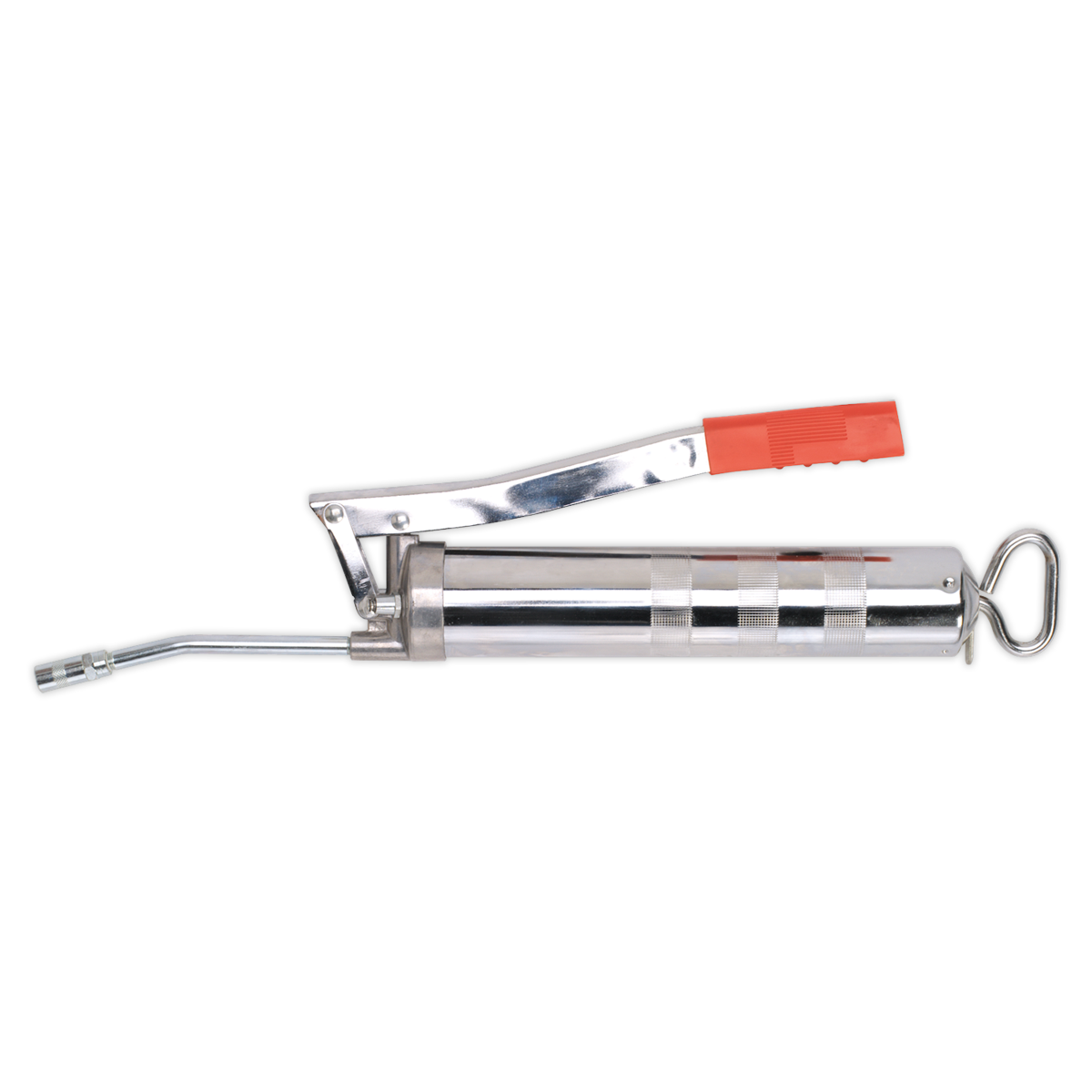 The Sealey Side Lever Grease Gun 3-Way Fill - AK443, distinguished by its metallic build, die-cast pump head, red handle, and bent nozzle end, lies horizontally on a white background.